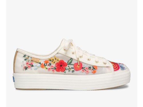 Keds Rifle Paper Co. Triple Kick Embroidered Mesh Women's Platform Sneakers White Multicolor | AU-06218